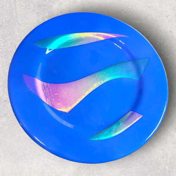 Suz Signed Fused Art Glass Plate 12in Blue Dichroic Modern Decor Gift Rainbow - Picture 2 of 8